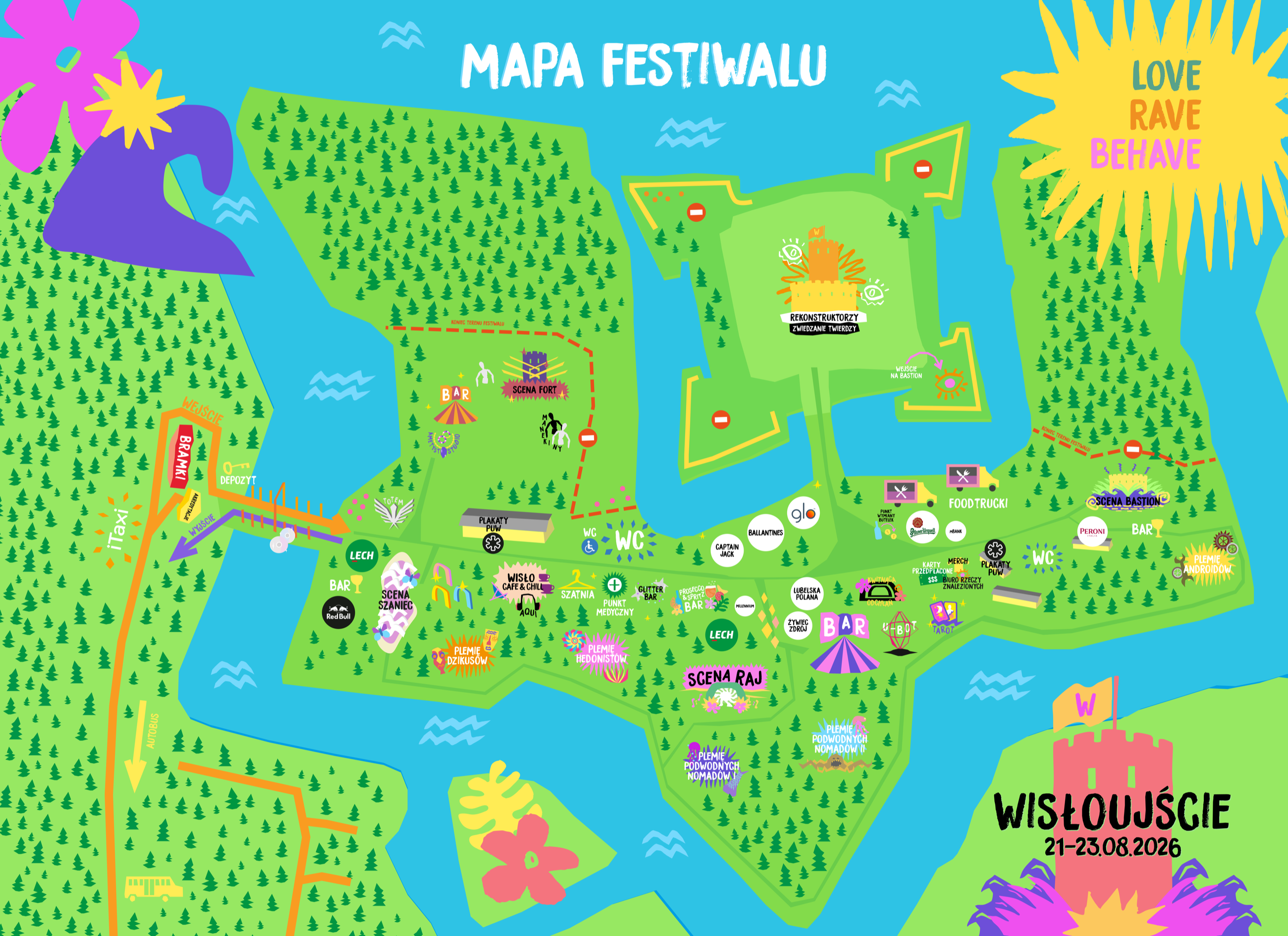 Mapa terenu Wisłoujście Festival 2026 z lokalizacjami scen Fort, Raj, Szaniec i Bastion
